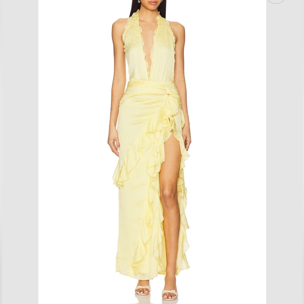 NBD Celenia Yellow Maxi Gown with Plunge Neckline and Slit. SOLD OUT online!
